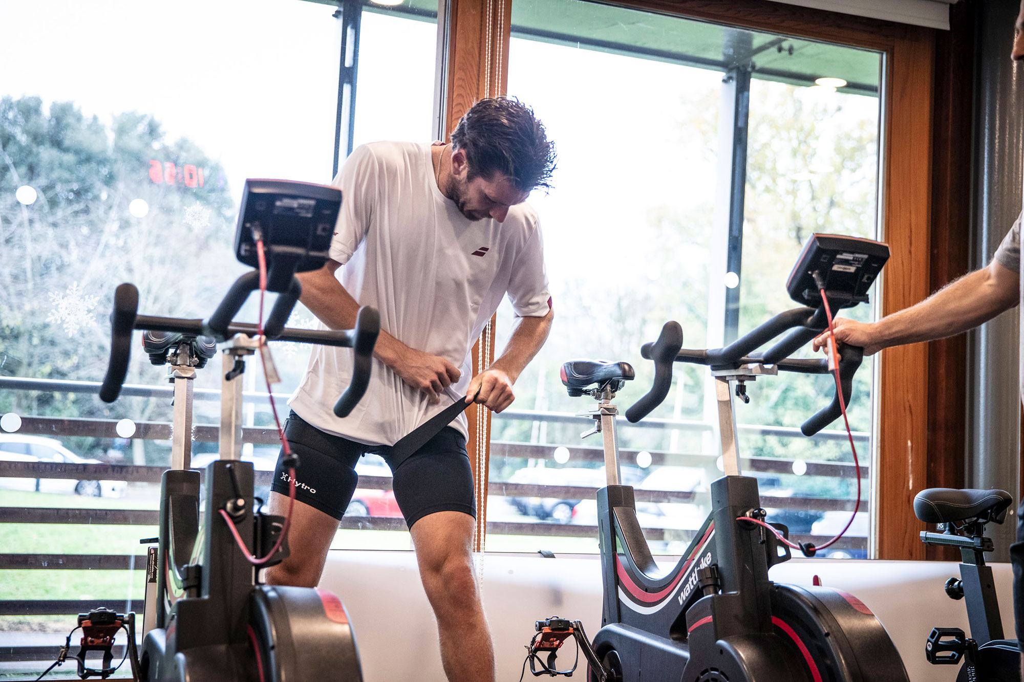 Hytro shorts being adjusted prior to indoor bike training