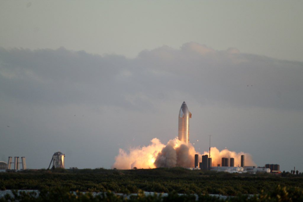 SpaceX&#039;s SN8 Starship prototype performs a static fire test at the company&#039;s South Texas facility on Nov. 24, 2020.