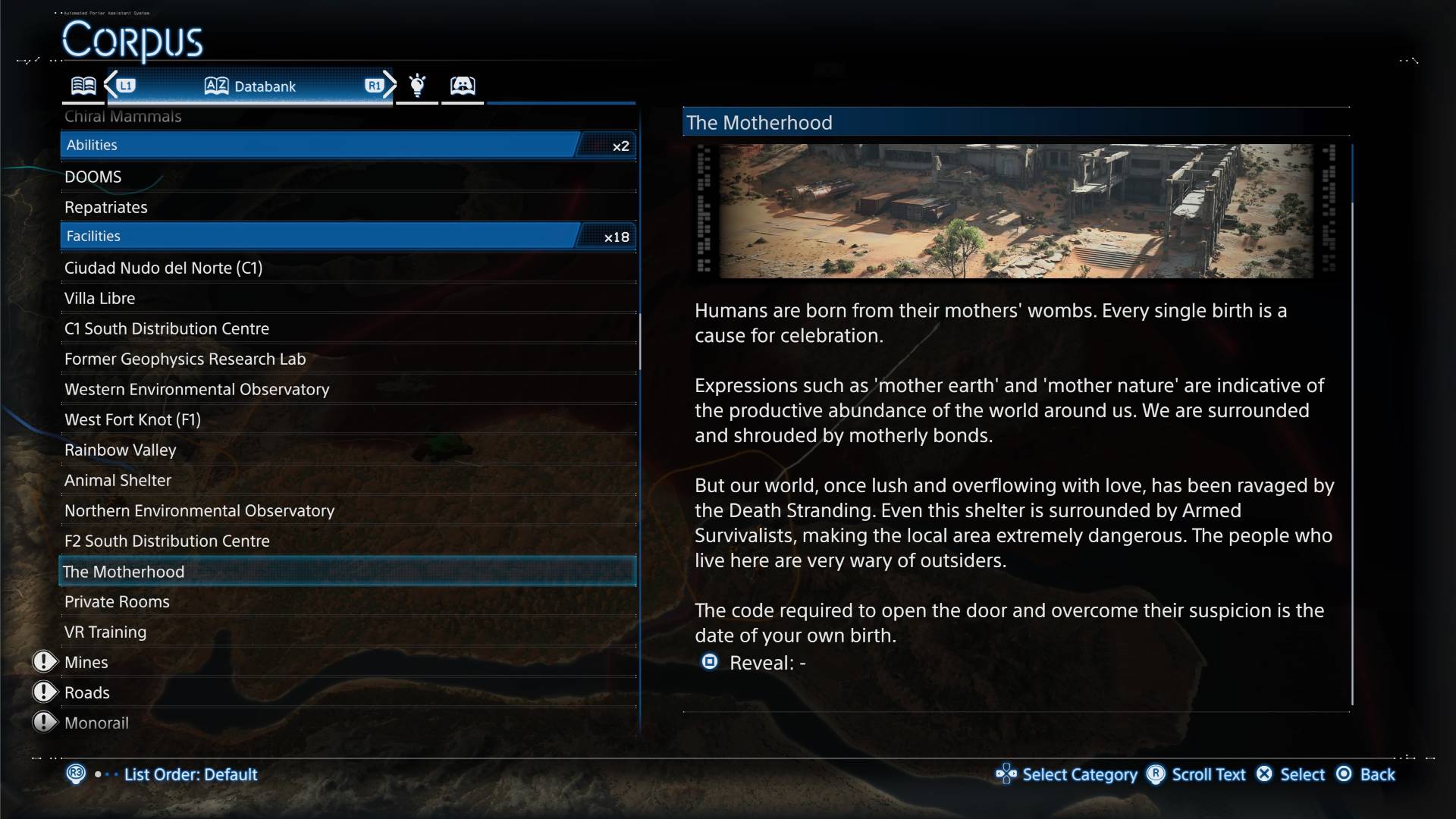 Death Stranding 2 Motherhood base corpus entry with birthday passcode reveal button prompt