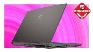 MSI Thin RTX 4060 laptop on a pink background with PC Gamer Recommended label on top