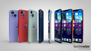 An artist's impression of the iPhone 13 in eight different colors including red, blue and orange