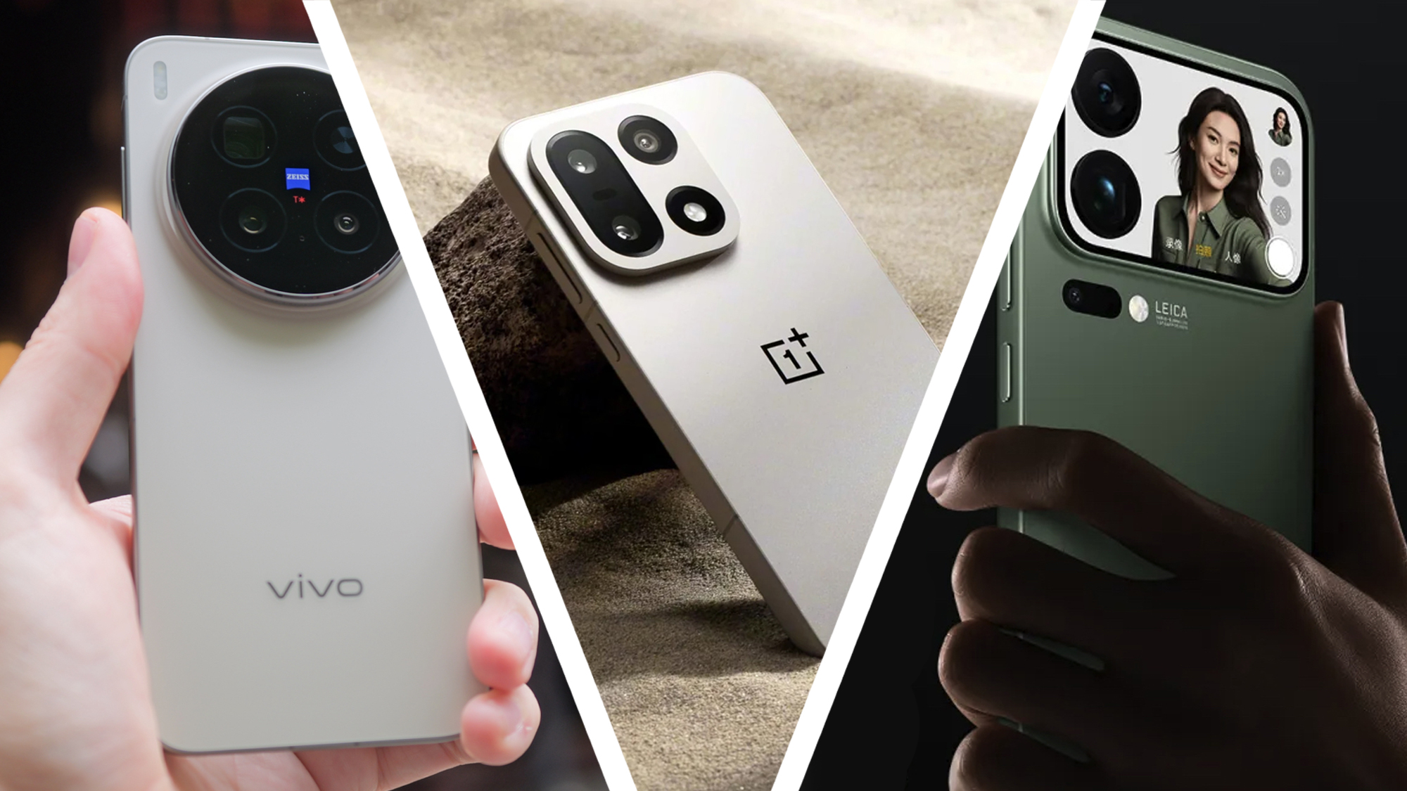 A hand holding the Vivo X300 Pro, next to the OnePlus 15 resting on a rock, next to a hand holding the Xiaomi 17 Pro