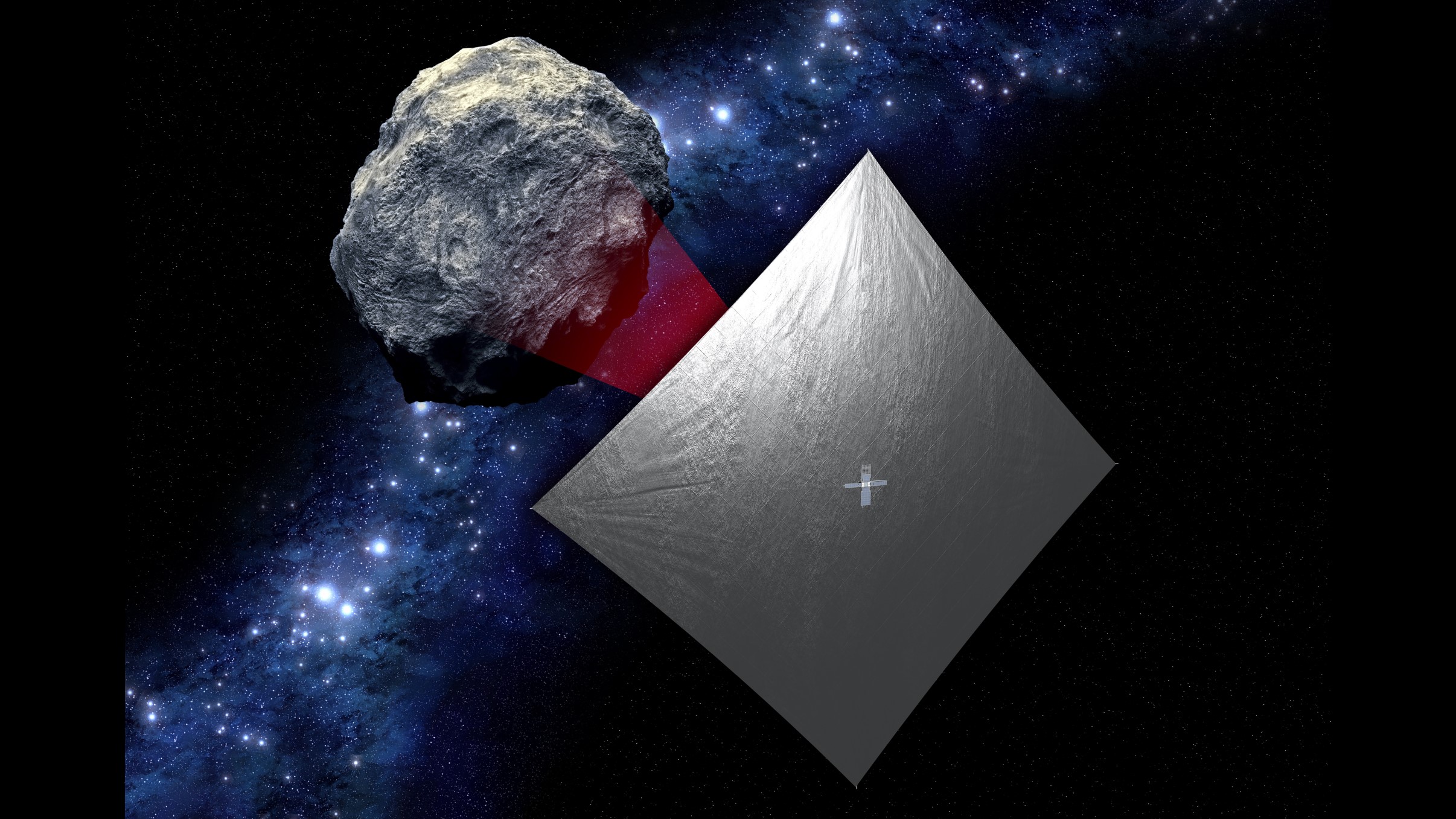 An artist's depiction of the NEA Scout cubesat sailing past an asteroid.
