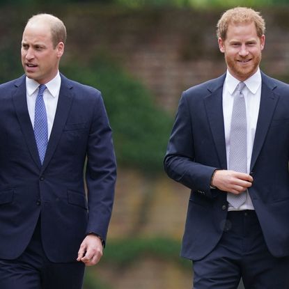 Prince William and Prince Harry both wearing suits, white shirts, and ties