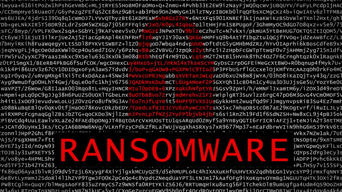 Abstract image of a padlock above a large ransomware sign to symbolise cyber security