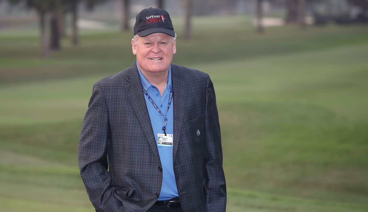 Johnny Miller wears a Safeway Open cap 