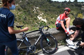 ETNA PIAZZALE RIFUGIO SAPIENZA ITALY MAY 10 Roger Kluge of Germany and Team Lotto Soudal involved in a crash during the 105th Giro dItalia 2022 Stage 4 a 172km stage from Avola to Etna Piazzale Rifugio Sapienza 1899m Giro WorldTour on May 10 2022 in Etna Piazzale Rifugio Sapienza Italy Photo by Tim de WaeleGetty Images