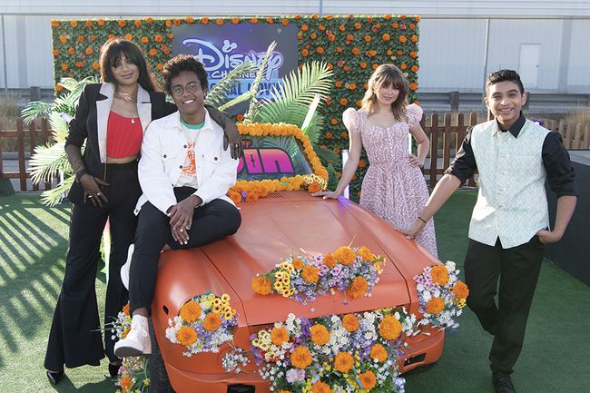 At the Aug. 10 drive-in premiere screening event for Disney Channel&rsquo;s Spin at Santa Monica Airport (l. to r.): stars Avantika, Jahbril Cook, Kerri Medders and Aryan Simhadri.