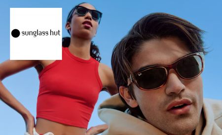 A man and a women in front of a blue sky wearing sunglasses. SunglassHut logo in the top left corner