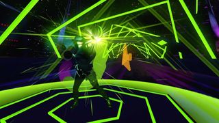 Still from the VR video game Synth Riders. Here we see a computer illustration of a human wearing a VR headset surrounded by trippy geometric shapes on a space background.