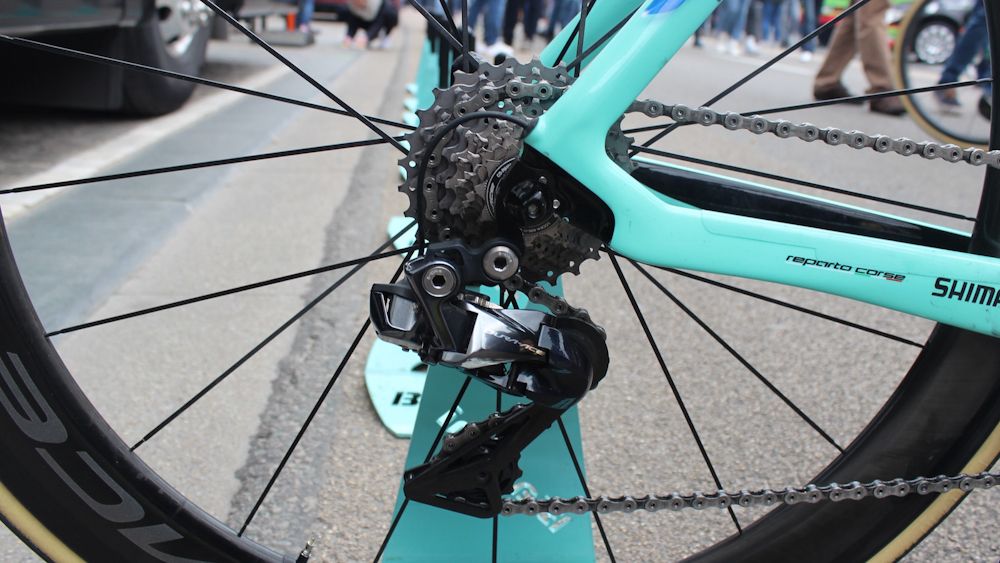 The Di2 cable for the rear derailleur exits just above the rear dropout, providing a clean finish