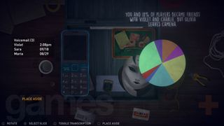 Oxenfree 2 endings blue box of trinkets from Alex with pie chart showing outcomes for Olivia, Charlie, and Violet