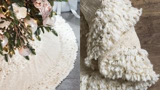 A large, fringed Christmas tree skirt in a cream color.