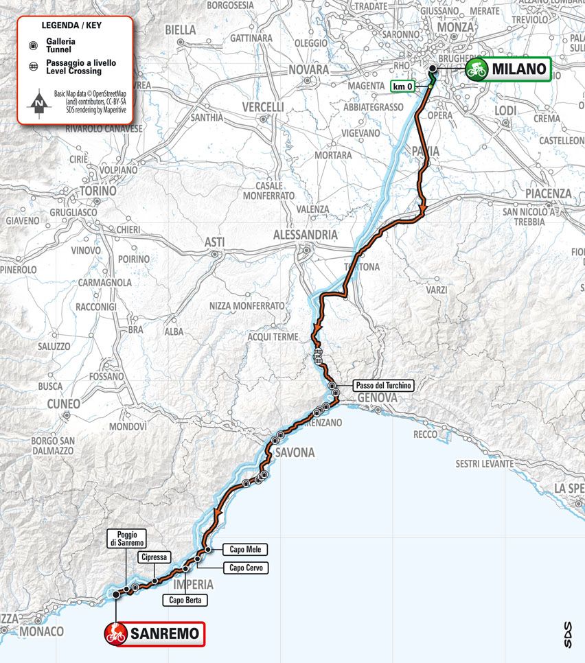 The route of the 2022 Milan-San Remo
