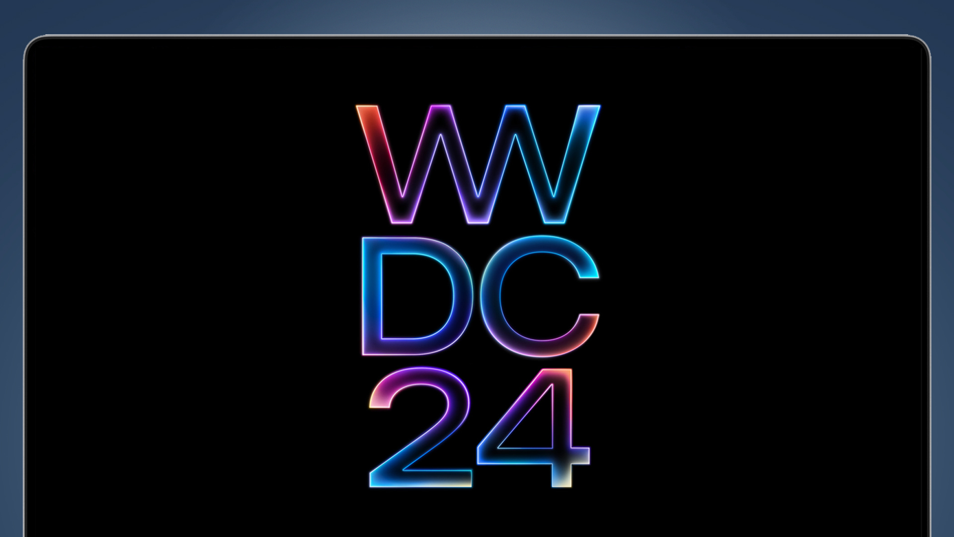 Una MacBook sobre un fondo azul muestra la página teaser de la WWDC 2024