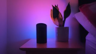 Philips Hue Wall Washer light on nightstand with plant, beside bed