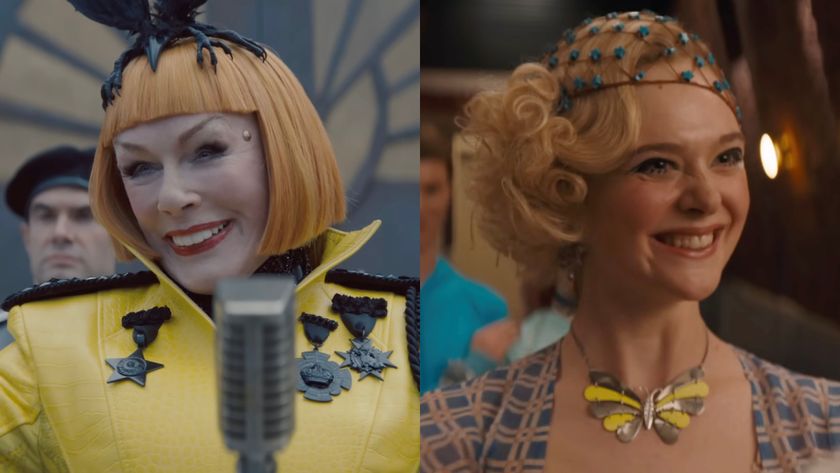 Glenn Close and Elle Fanning as Drusilla Sickle and Effie Trinkett in Sunrise on the Reaping.