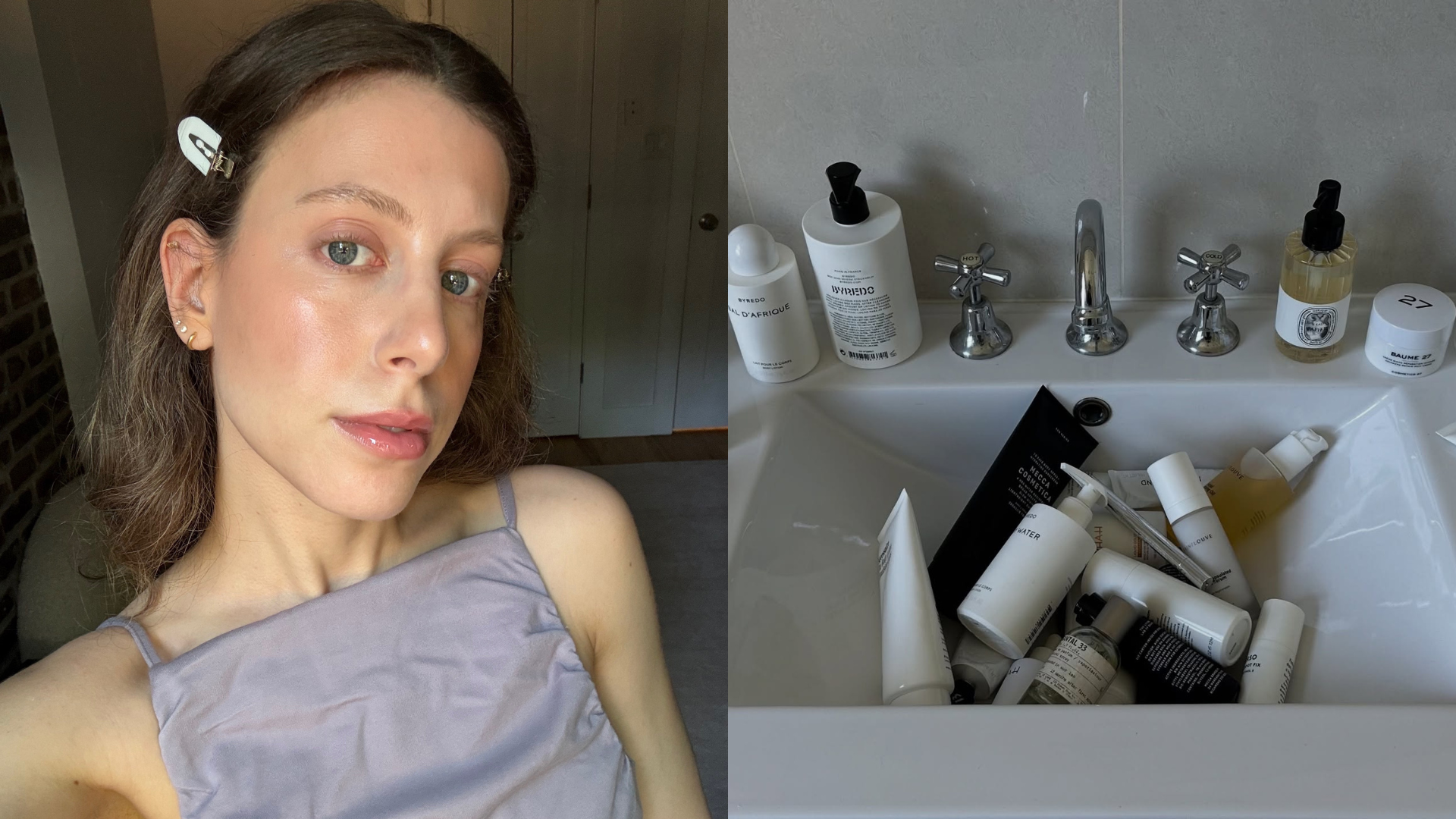 Selfie of Jamie Chevron next to a sink full of skincare products 