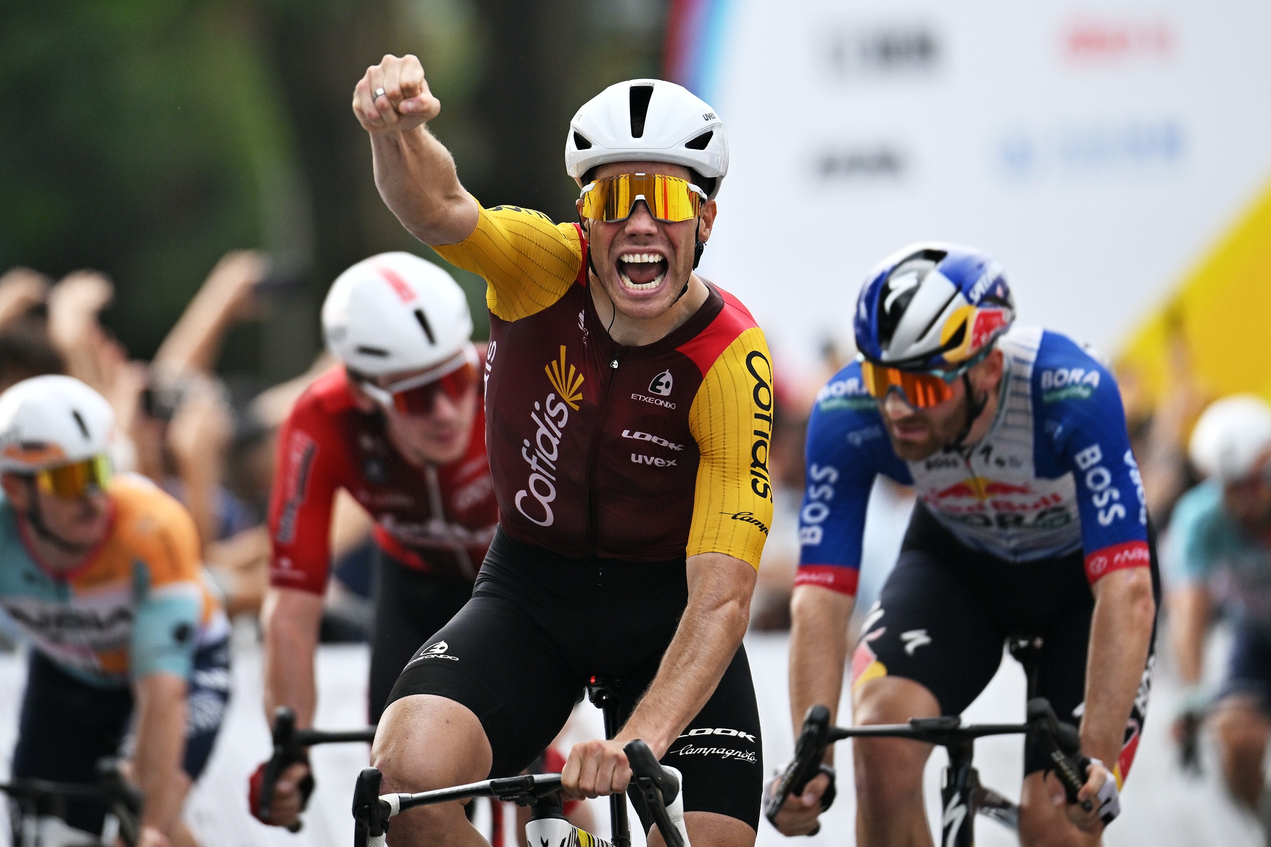 Milan Fretin celebrates winning stage 3 of the Tour of Guangxi 2026