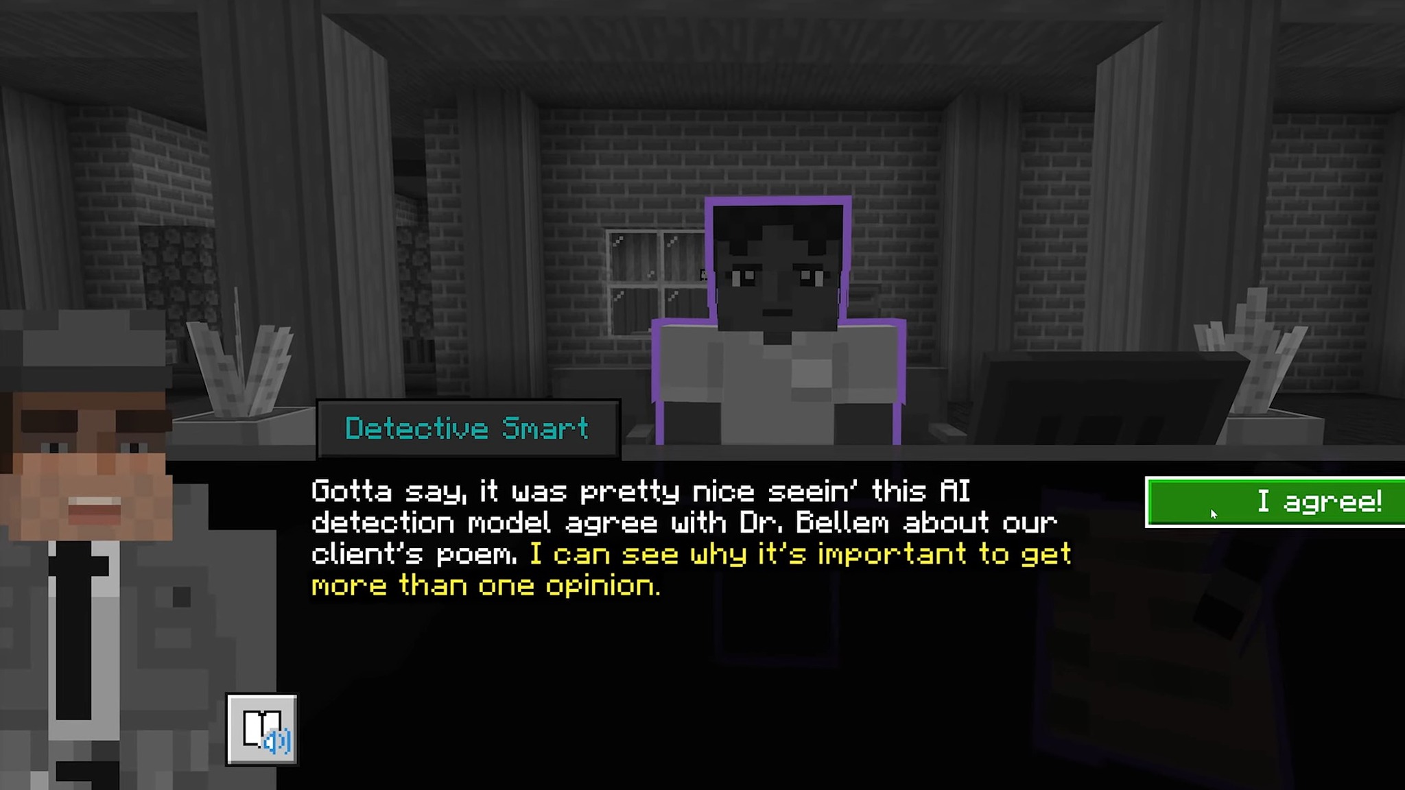 In-game screenshot of an investigation in Minecraft's Reed Smart: AI Detective program.