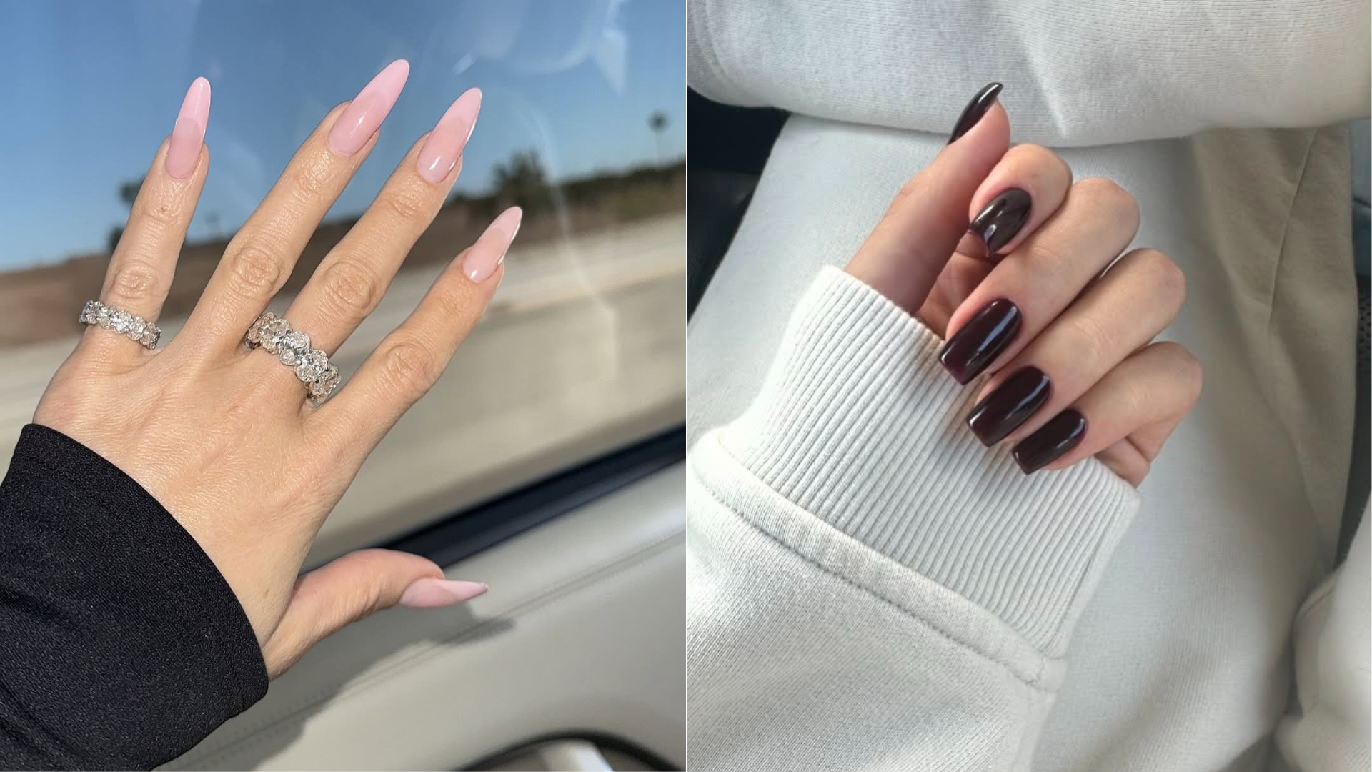 Photo collage of nails with pink and brown OPI layering combos 