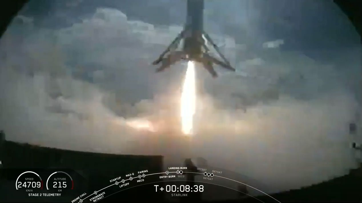 A SpaceX Falcon 9 rocket first-stage booster lands on the the drone ship Of Course I Still Love You in the Atlantic Ocean after successfully launching 58 Starlink internet satellites and three Planet SkySats from Cape Canaveral Air Force Station, Florida on Aug. 18, 2020.