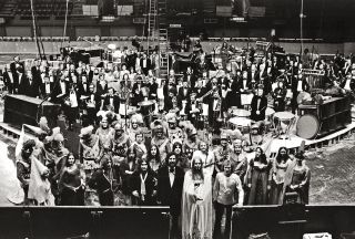 The cast. crew and band members for Wakeman's King Arthur On Ice stage show in London in May 1975.