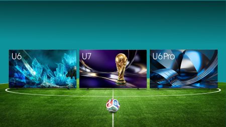 The Hisense U6, U7 and U6 Pro displaying colorful imagery on a soccer field.