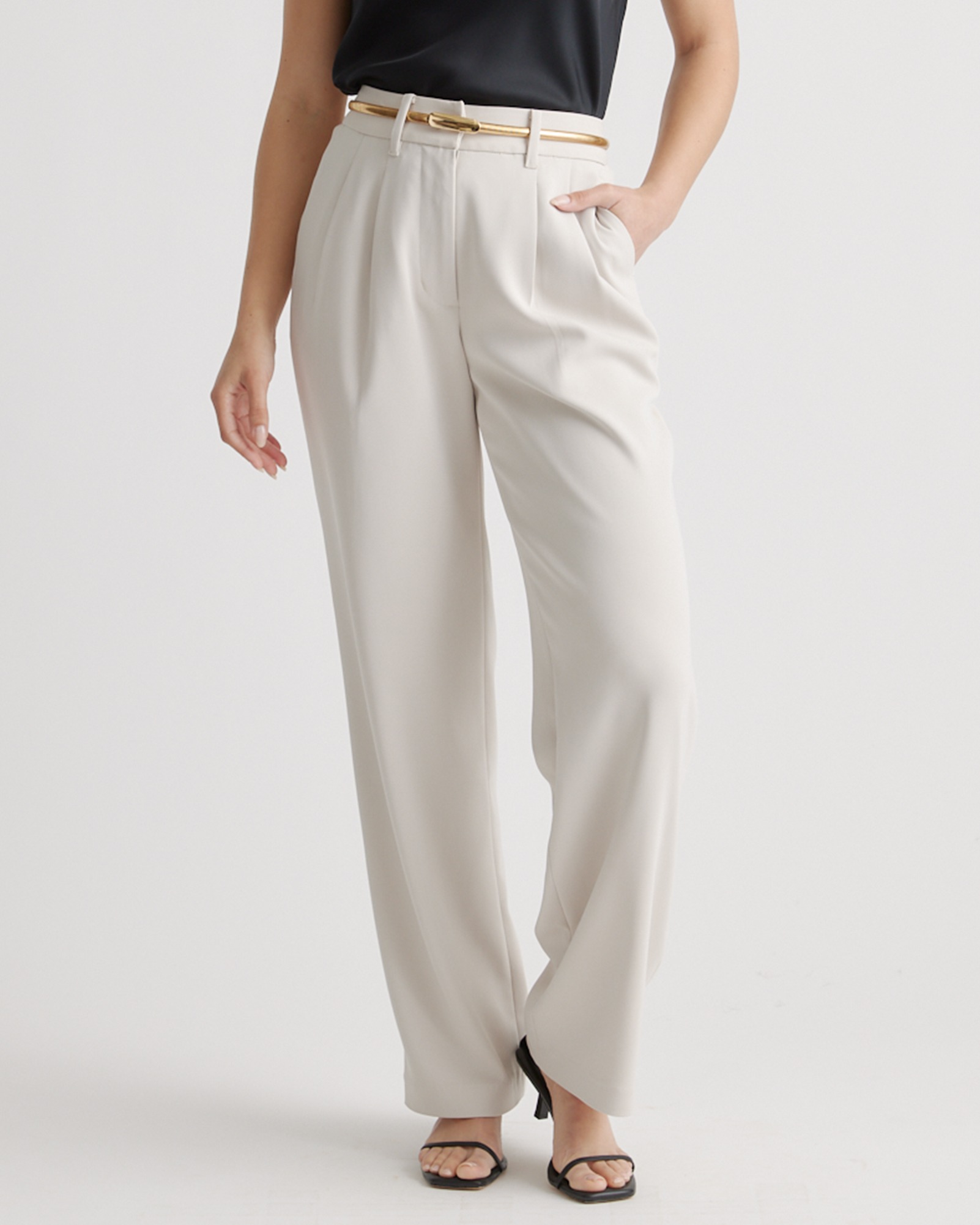 Stretch Crepe Pleated Wide Leg Pants in Sand