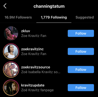 Channing Tatum instagram following Zoe Kravitz fan accounts