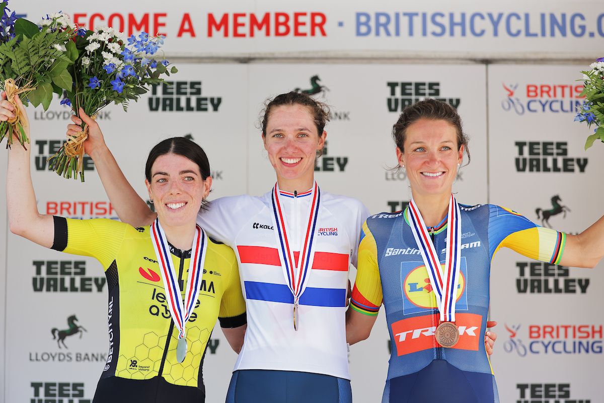 Picture by Alex Whitehead/SWpix.com - 23/06/2024 - British Cycling - 2024 Lloyds Bank National Road Championships - Women&acirc;s Road Race - Saltburn-by-the-Sea, North Yorkshire, England - Women's Road RacePodium - Gold for Pfeiffer Georgi of Team DSM-Firmenich PostNL, Silver for Anna Henderson of TEAM VISMA - LEASE A BIKE and Bronze for Lizzie Deignan of Lidl-TREK