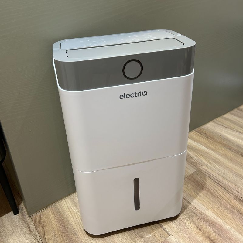 Front of dehumidifier, white, with grey top