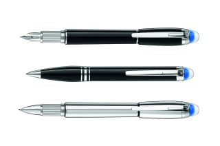 The Montblanc StarWalker lineup includes a Doué edition with a black resin barrel with a metal cap or forepart (at top), a "Precious Resin" model in black with contrasting metal fittings (at center) and a fully metal edition. Each model is available as a fountain pen, ballpoint and fineliner pen.