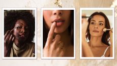 Three woman are pictured applying eyeshadow, lip balm and then powder in a gold and cream marbled, 3-image template
