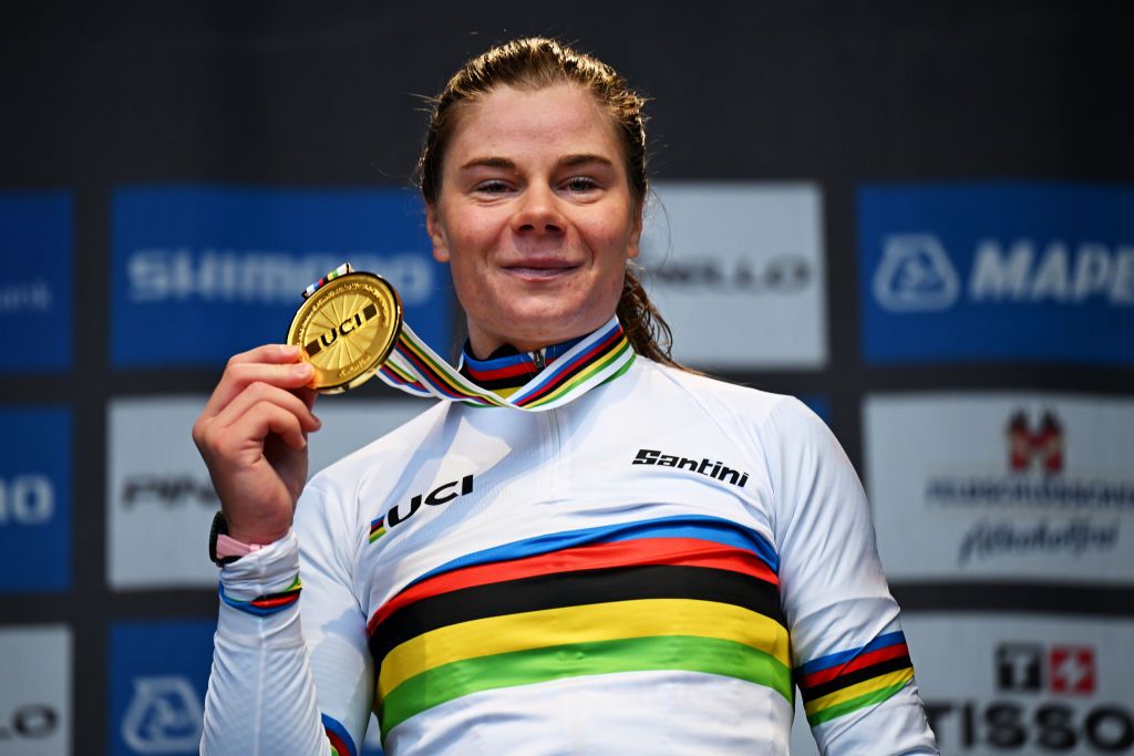 ZURICH SWITZERLAND SEPTEMBER 28 Gold medalist Lotte Kopecky of Team Belgium poses on the podium during the 97th UCI Cycling World Championships Zurich 2024 Womens Elite Road Race a 1541km one day race from Uster to Zurich on September 28 2024 in Zurich Switzerland Photo by Tim de WaeleGetty Images