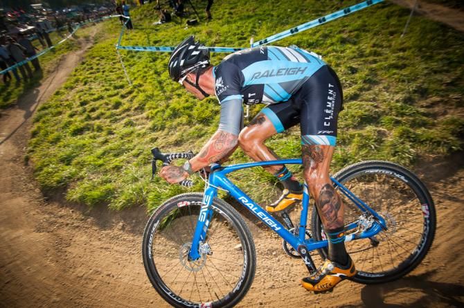 Ben Berden (Raleigh Clement) looking up the trail for Powers and Wells during the closing laps of the race. Boulder Cup.