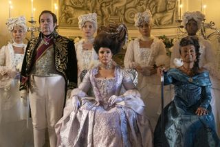 Hugh Sachs as Brimsley, Golda Rosheuvel as Queen Charlotte, Adjoa Andoh as Lady Agatha Danbury in episode 302 of Bridgerton
