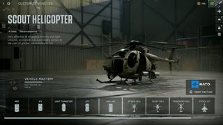 Battlefield 6 vehicle list for Season 2, focusing on scout helicopter