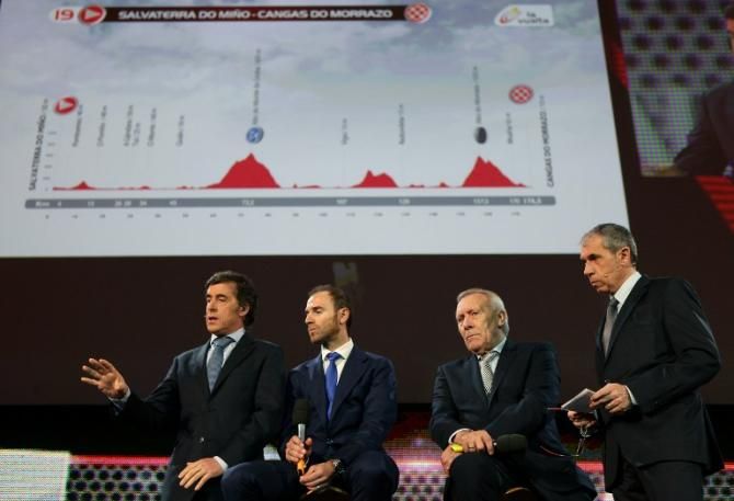 Former pro and 2-time Vuelta champion Pedro Delgado, 2009 Vuelta champion Alejandro Valverde, Javier Minguez and journalist Carlos de Andres present the route of the 2014 Vuelta a Espa&ntilde;a