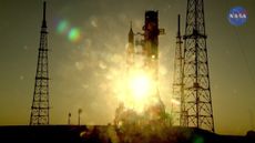 NASA's Artemis 1 Space Launch System moon rocket is seen atop Pad 39B at the Kennedy Space Center in Florida during wet dress rehearsal test on April 4, 2022.