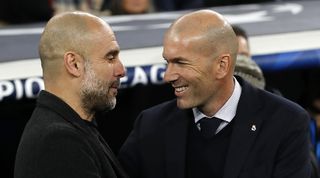 Pep Guardiola and Zinedine Zidane ahead of the Champions League game between Real Madrid and Manchester City at the Santiago Bernabeu in February 2020.