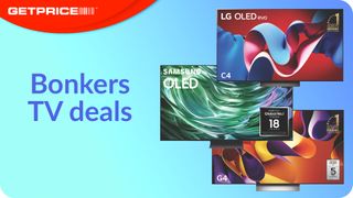 blue background with red GetPrice logo on top left corner with dark writing that says "Bonkers TV deals" with three pictures of TVs overlapping on the right side