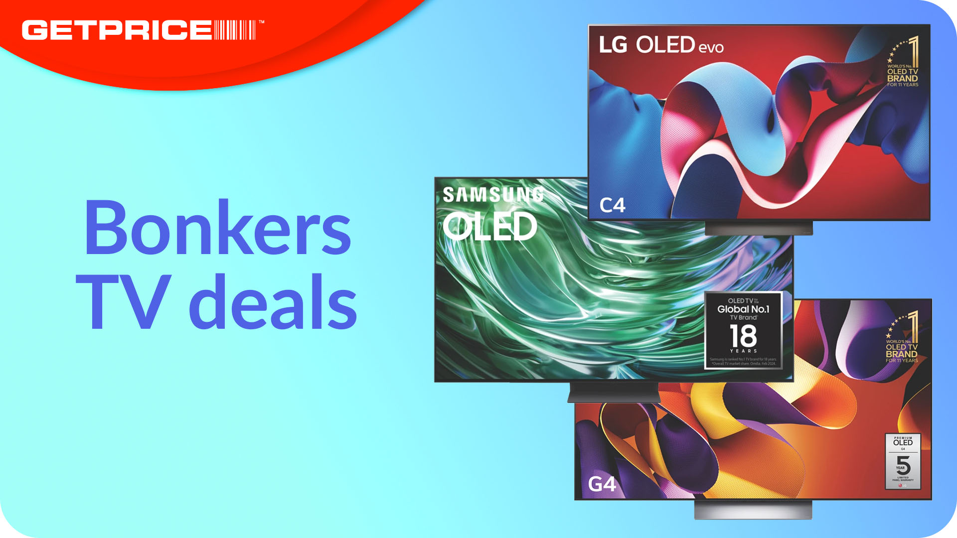 blue background with red GetPrice logo on top left corner with dark writing that says &quot;Bonkers TV deals&quot; with three pictures of TVs overlapping on the right side