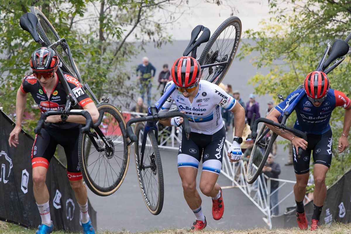 Michael Vanthourenhout (Pauwels Sauzen - Bingoal), Lars Van Der Haar (Baloise Trek Lions), and Thibau Nys (Baloise Trek Lions) fight for third place