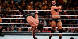 Drew McIntyre eliminating Seth Rollins at the Royal Rumble