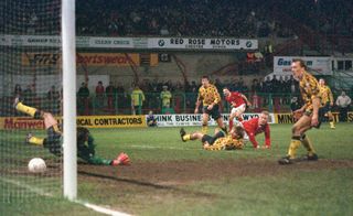 Steve Watkin scores Wrexham's winning goal against Arsenal in the FA Cup, 1992