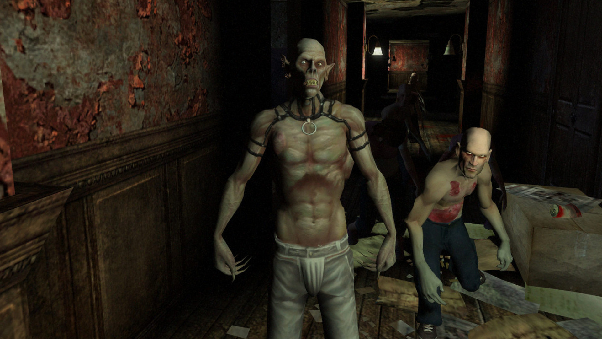 Two vampires standing in a dark hallway during Vampire: The Masquerade - Bloodlines