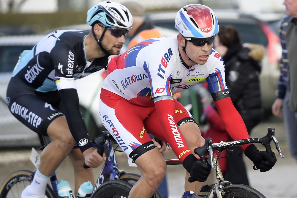 Tom Boonen (Ettix-QuickStep) and Alexander Kristoff of Team Katusha ride during the 67th edition of the Kuurne-Brussel-Kuurne.