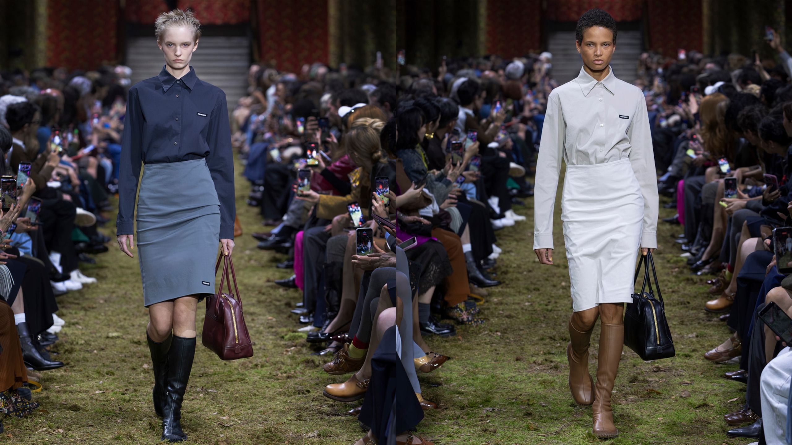 Collage of models walking in Miu Miu's fall/winter 2026 runway show. 