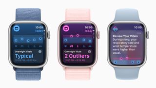 Drie Apple Watches naast elkaar met de Vitals-app van watchOS 11 in beeld